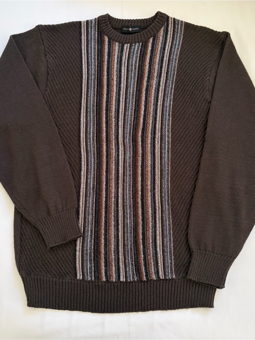 Vintage Cotton Traders Men's Brown Crewneck Sweater Central Multi-Stripe Panel L